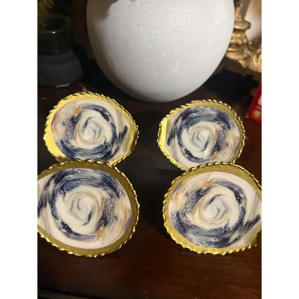 Set of 4 Coastal Oyster Shell Napkin Rings Marbled Blue Gold Nautical Decor
